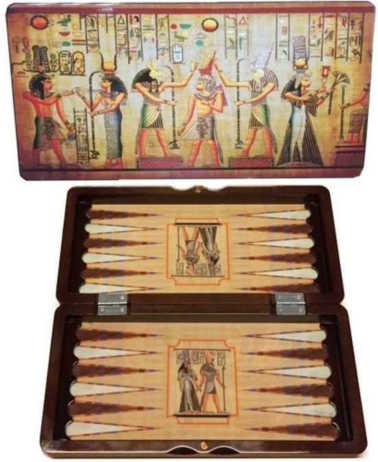 Afbeelding van het spel Backgammon koffer hout Egypt Design 48cm.