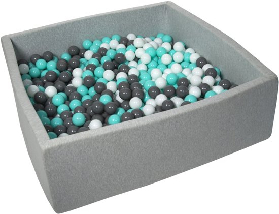 Ballenbak - stevige ballenbad - 120x120 cm - 900 ballen Ø 7 cm - wit, grijs, turquoise.