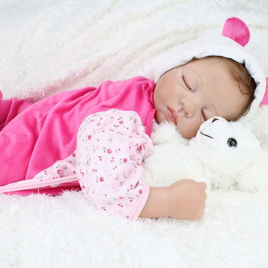 Reborn baby pop (hand gemaakt) in beren kleertjes  – Knuffelpop - Levensecht sleeping baby 55cm