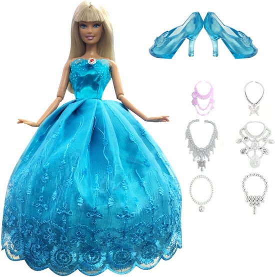 Blauwe prinsessen jurk voor Barbie met schoenen en sieraden