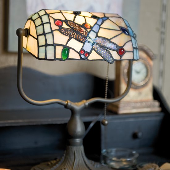 Tiffany Bankierslamp Libelle - Bureaulamp - 35 x Ø 27 cm - Multicolor