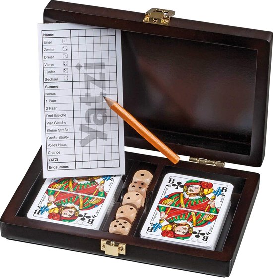 Afbeelding van het spel Philos Kaartset met dobbelstenen en Yahtzee scorekaart - Houten box 190 x 125 x 40 mm - Inclusief potlood