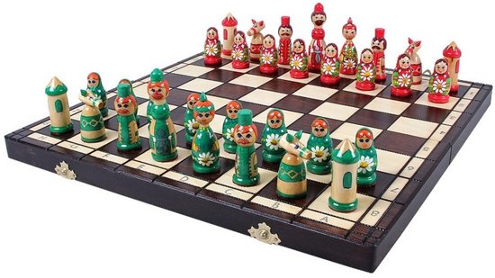 Thumbnail van een extra afbeelding van het spel schaakcassette Babushka (90mm), handgeschilderd, rood en groen