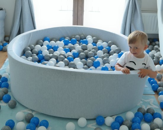 Zachte Jersey baby kinderen Ballenbak met 900 ballen, diameter 125 cm - wit, blauw, grijs