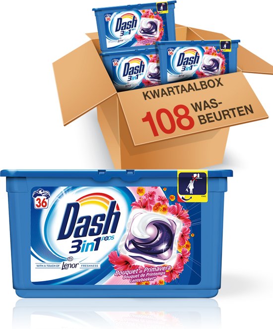 Foto van Dash 3in1 Pods Lenteboeket Kwartaalbox - 108 Wasbeurten - 3 x 36 Capsules - Wasmiddel Capsules