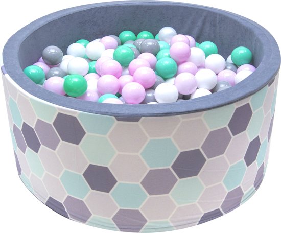 Ballenbak - stevige ballenbad - 90 x 40 cm - 200 ballen Ø 7 cm - roze, groen, turqoise, wit en grijs