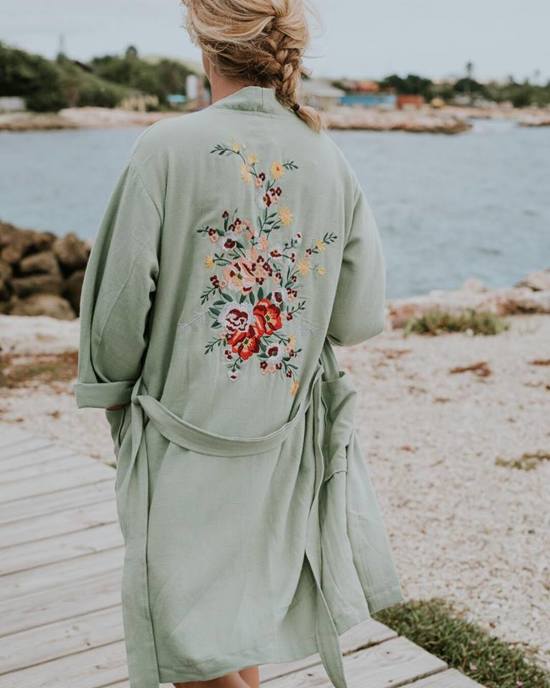 Kimono HAMMAM34 | Lichtgewicht Dunne Katoen Geborduurde Badjas in Denim Zee Groen ( Stone Washed) | Le Voyage | Strand & Bad | Kaftan | Kamerjas