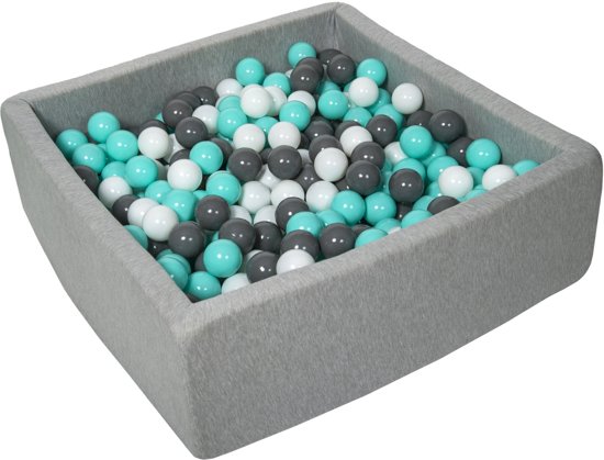 Ballenbak - stevige ballenbad - 90x90 cm - 450 ballen Ø 7 cm - wit, grijs, turquoise.