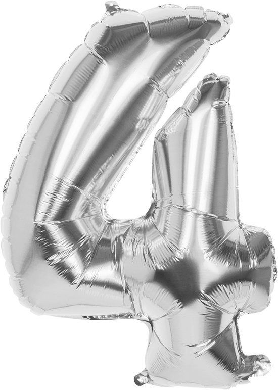 Folie ballon nummer &apos;4&apos; zilver 86cm