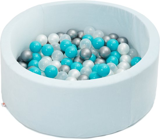 FUJL - Ballenbak - Speelbak - Licht blauw - ⌀ 90 cm - 200 ballen - Kleuren - Zilver - Parel  -Turquoise - Transparant