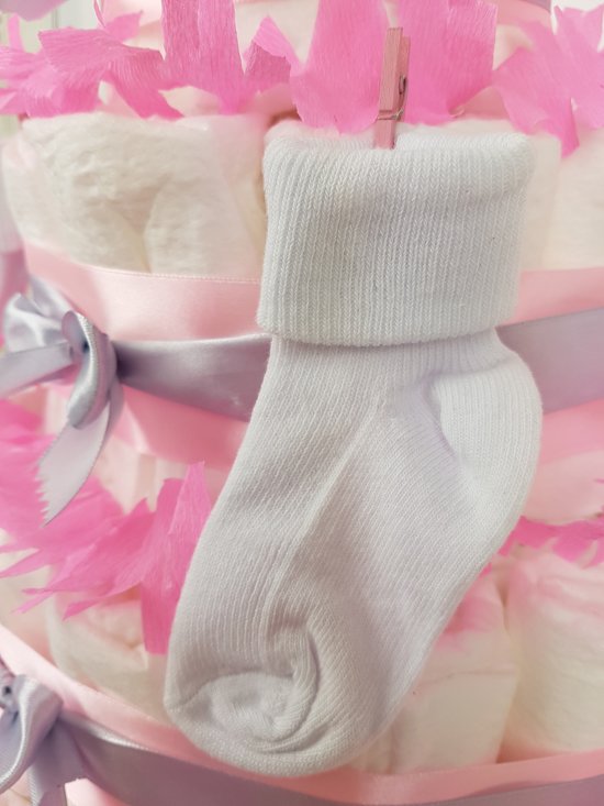 Luiertaart Nijntje meisje 2-laags roze | 19 A-merk Pampers | schattige sokjes | XL geboortekaart | ideaal voor babyshower, kraamcadeau en Baby cadeau