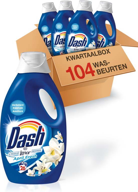 Foto van Dash April Fresh Kwartaalbox - 104 Wasbeurten - 4 x 1600 ml - Vloeibaar Wasmiddel