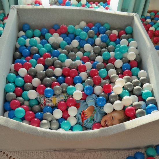 Zachte Jersey baby kinderen Ballenbak met 600 ballen, 120x120 cm - wit, blauw, grijs