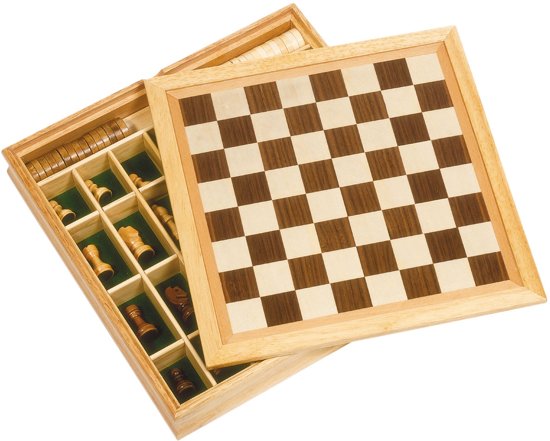 Afbeelding van het spel SCHAAKBORD, DAMSPEL en MOLENSPEL in houten doos 34x34cm, 6+