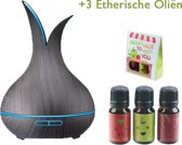 Aroma Diffuser met 3 Etherische oliën | Luchtbevochtiger| Vernevelaar| UFO | Hout look - zwart|Set van 3 etherische oliën